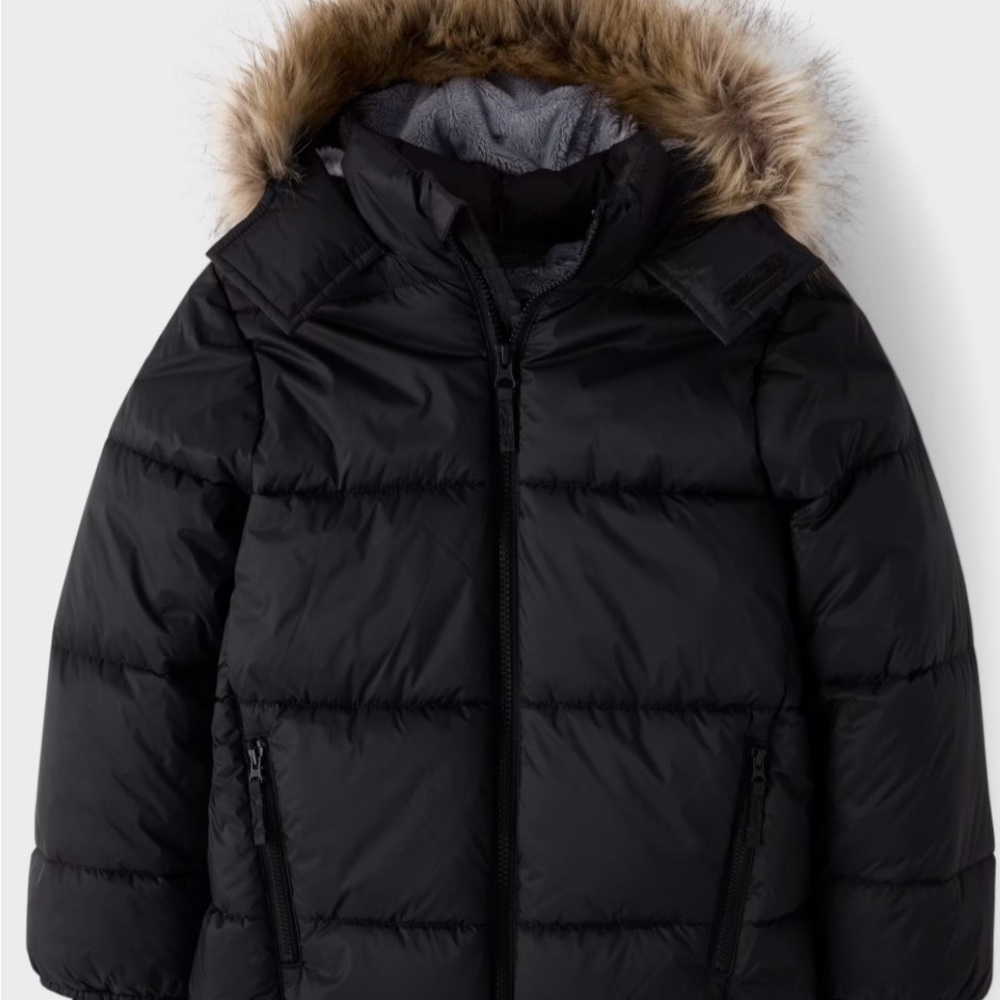 Children's Cozy Black Puffer Coat with Faux Fur Trim